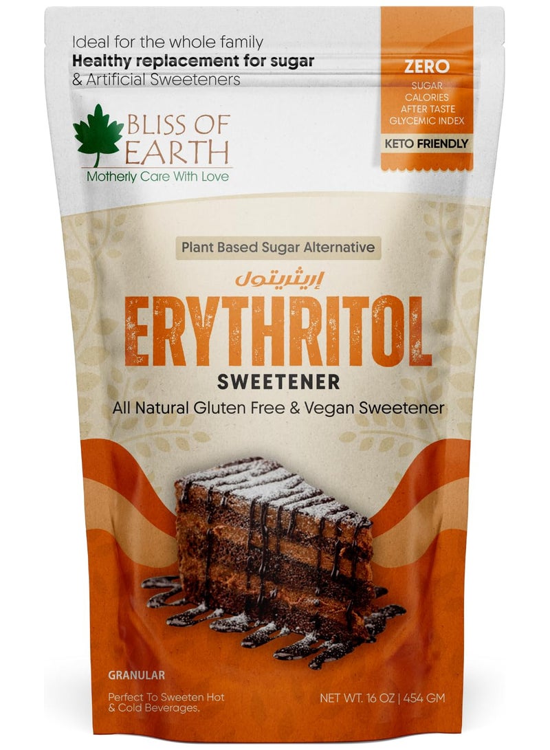 BLISS OF EARTH 1lb Erythritol Sweetener 454g, 100% Natural 1:1 Sugar Substitute, Zero Calorie, Diabetic and Keto Friendly, Sugar Free Sweetener for Baking, Tea and Coffee - Image 1